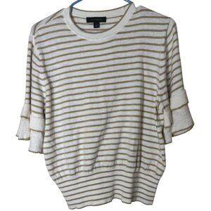Ann Taylor Womens L Striped Knit Top Ruffle Sleeve Linen Beige White Pullover
